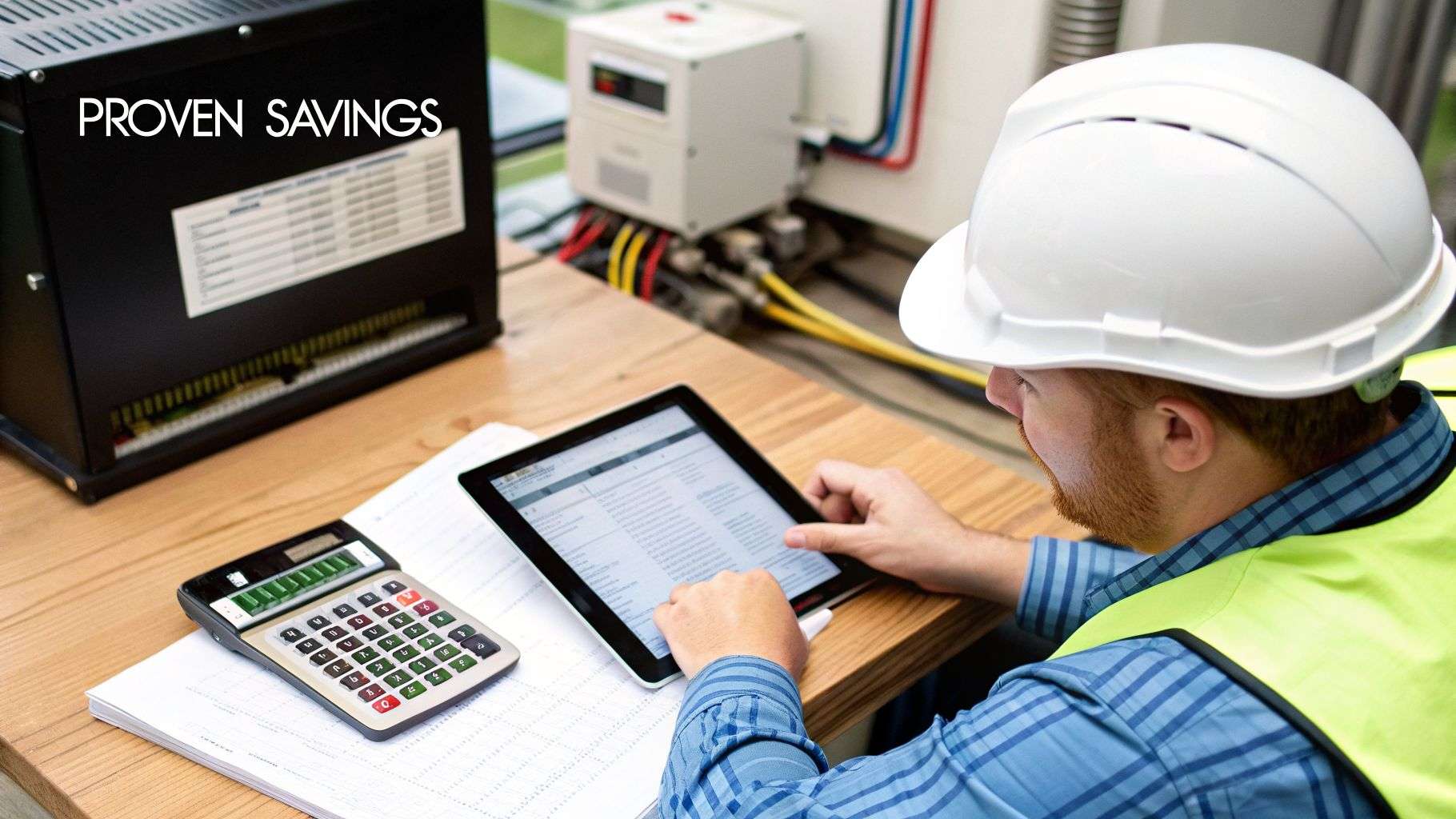Engineer in hard hat and safety vest reviews data on a tablet, calculating proven energy savings.