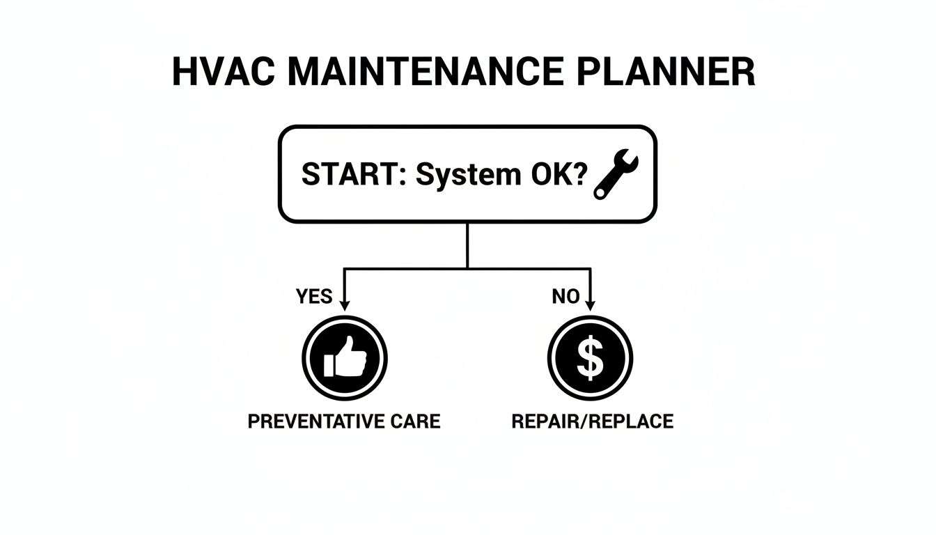 A flowchart for HVAC maintenance planning, guiding users to preventative care or repair based on system status.