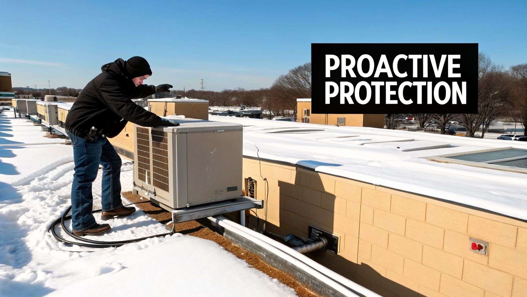 A technician inspects an HVAC unit on a snowy rooftop, emphasizing proactive protection and winter maintenance.