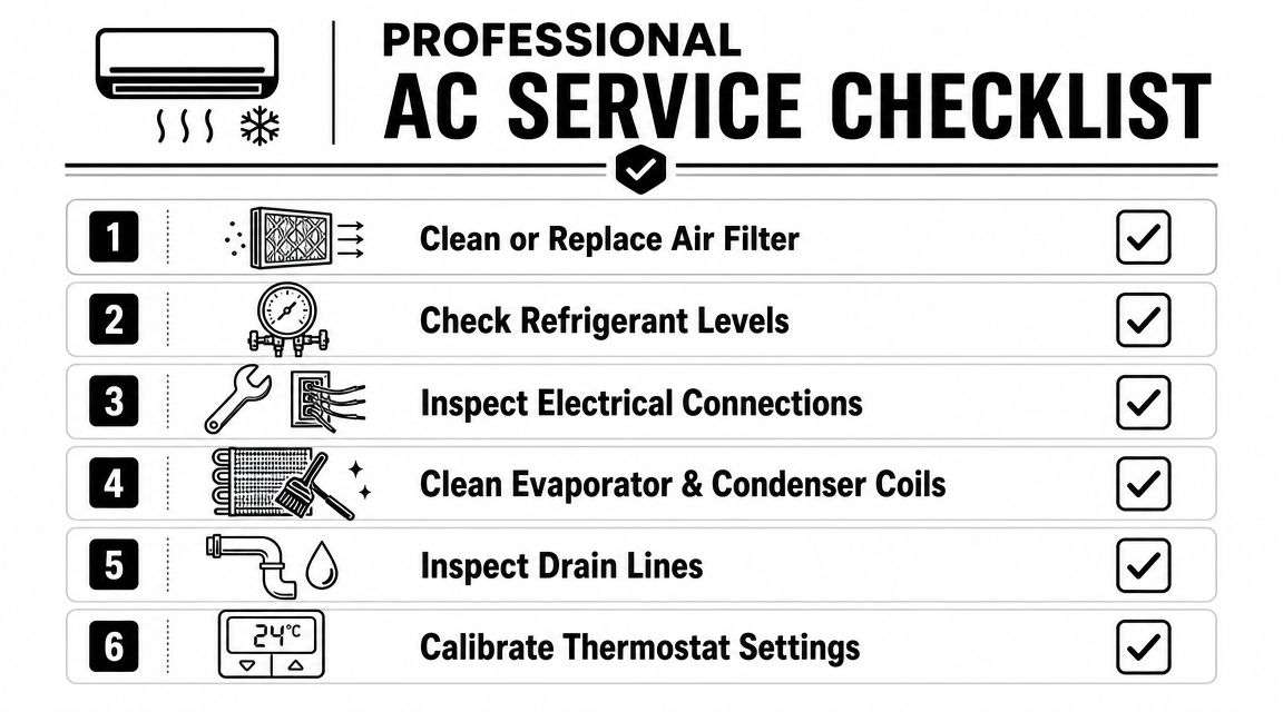 air conditioner service in jenison mi ac checklist Air Conditioner Service in Jenison MI: A Homeowner Guide That's why preventive care matters so much with Air Conditioner Service in Jenison MI. A seasonal check gives a technician time to catch small issues before they become mid-summer failures. If you want to understand what helps a system cool better between visits, this guide on ways to improve AC efficiency is a useful next read. A professional air conditioner service checklist with six numbered steps for maintaining home cooling systems.