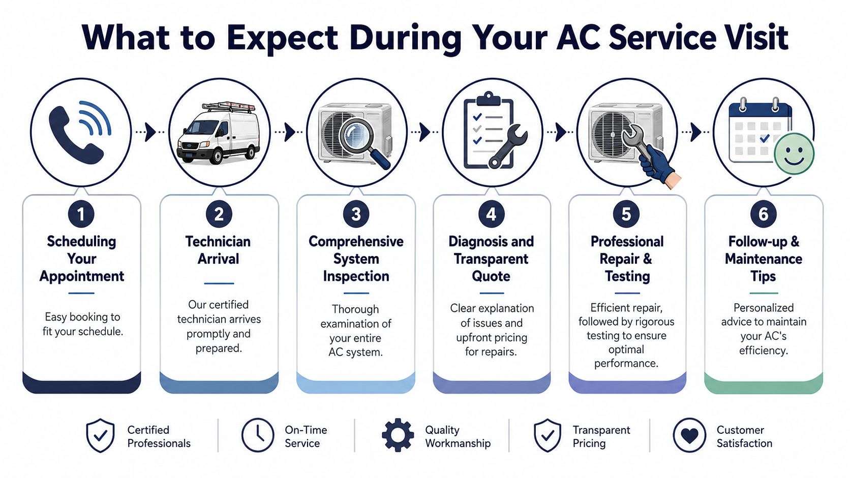 ac repair near grandville mi service process AC Repair Near Grandville MI: 24/7 Emergency Service That decision gets easier when you know what you're listening for, what a technician should check, and how to judge the difference between a smart repair and throwing money at an aging system. If you're trying to sort through AC repair near Grandville MI, it helps to look past generic service lists and focus on what matters in a real home: diagnosis, cost, timing, and trust. A step-by-step infographic illustrating the six-stage process of a professional air conditioning service visit for homeowners.