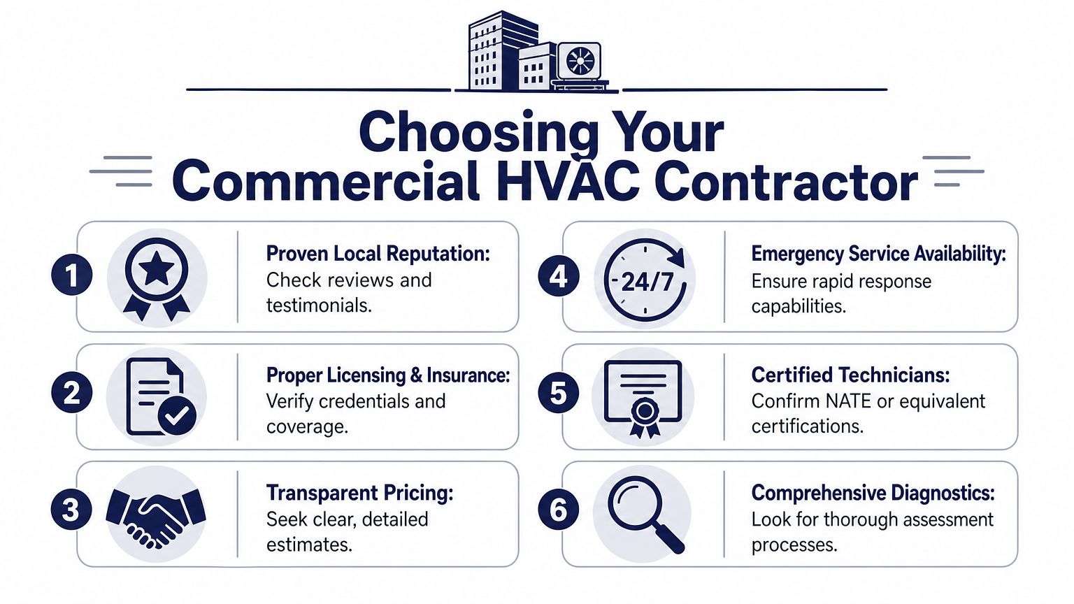 An infographic titled Choosing Your Commercial HVAC Contractor outlining six key criteria for hiring professional service providers.