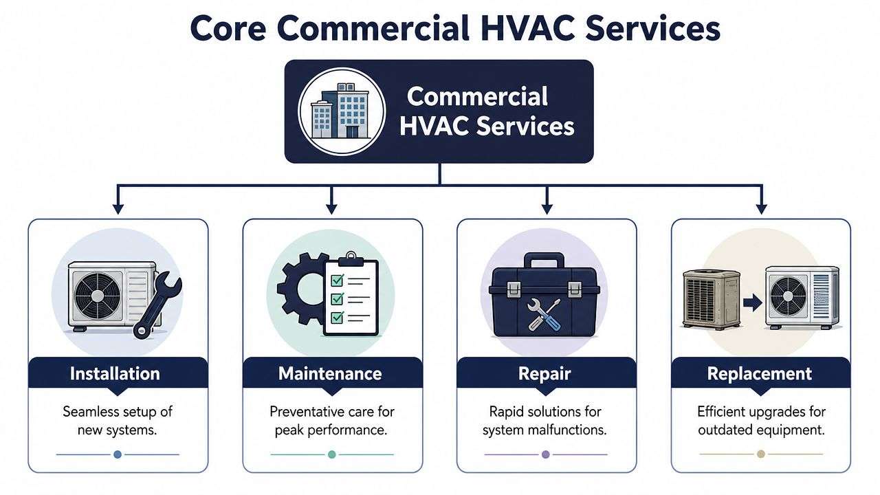 A diagram outlining core commercial HVAC services including installation, maintenance, repair, and replacement for business buildings.