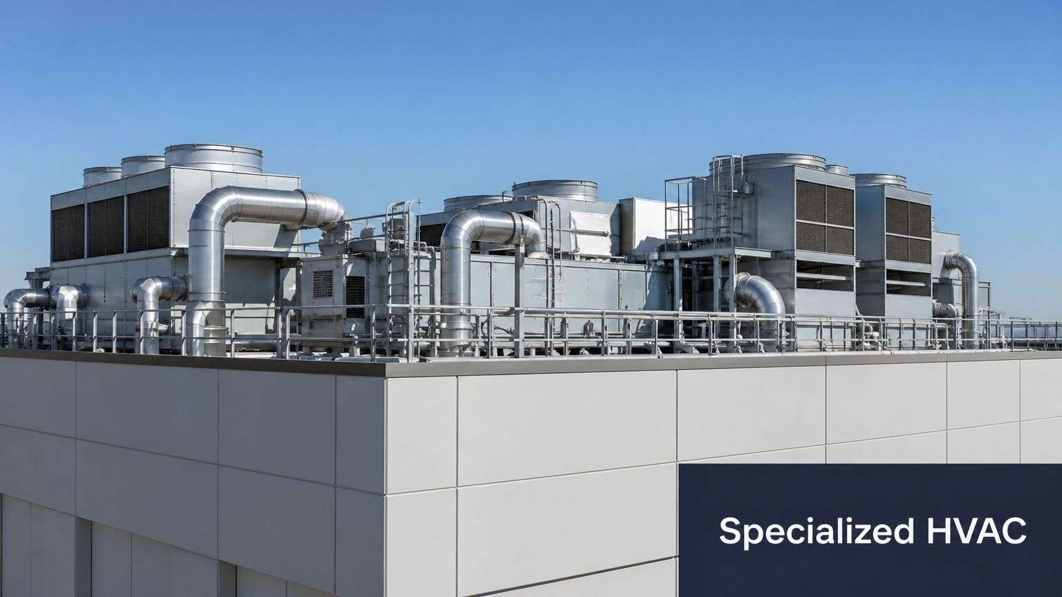 Commercial HVAC rooftop units installed on a large building under a clear blue sky.