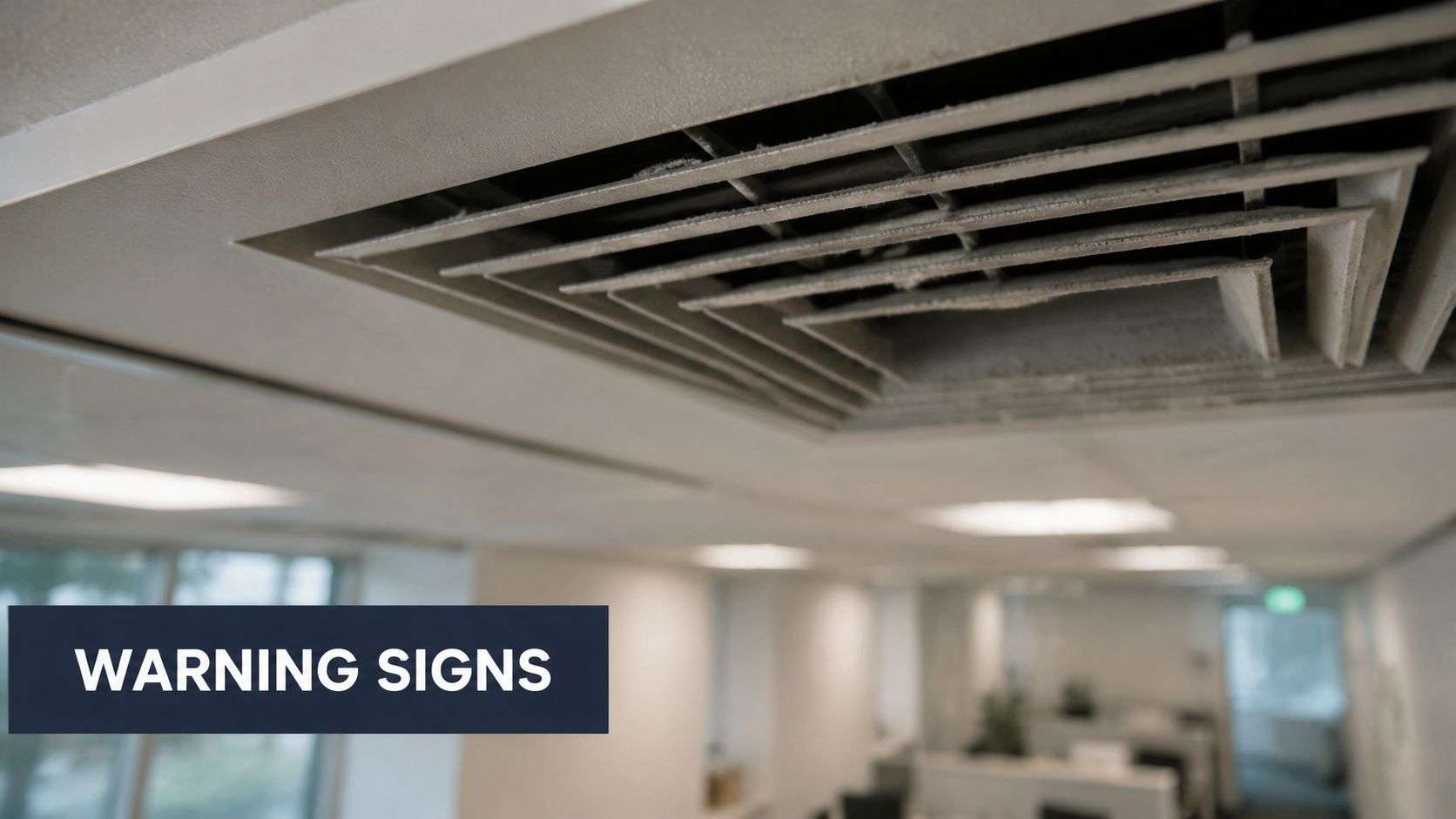 A dirty, dusty air conditioning vent mounted in an office ceiling suggesting poor indoor air quality.